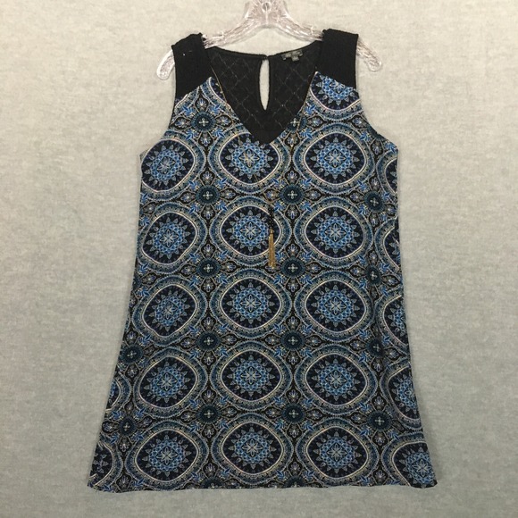 Lily Rose Dresses & Skirts - Lily Rose L Trapeze Dress Blue Black Geometric V-Neck Necklace Sleeveless Lace